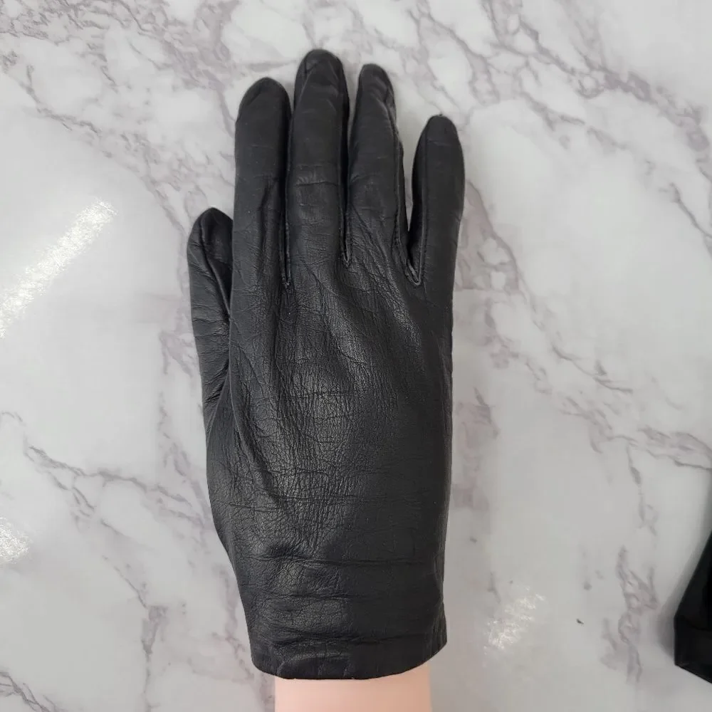 Fownes Vintage Black Leather Goat Kid Skin Short Driving Gloves Silk Lining
